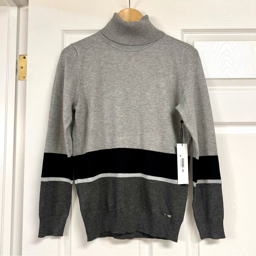 NWT Calvin Klein Gray Black Turtleneck Sweater Colorblock preppy soft M womens